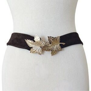 Vintage Soft Calf Suede Brown Belt with Gold Leaf Buckle Size 34 or Smaller